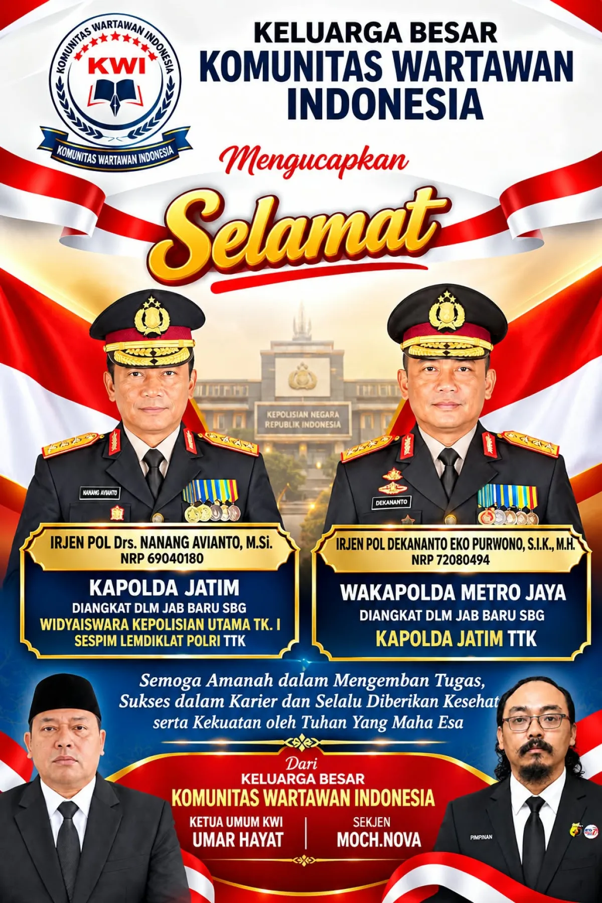 Ketua Umum KWI Ucapkan Selamat Kepada  Irjen Pol Dekananto Eko Purwono Sebagai Kapolda Jawa timur yang Baru  
